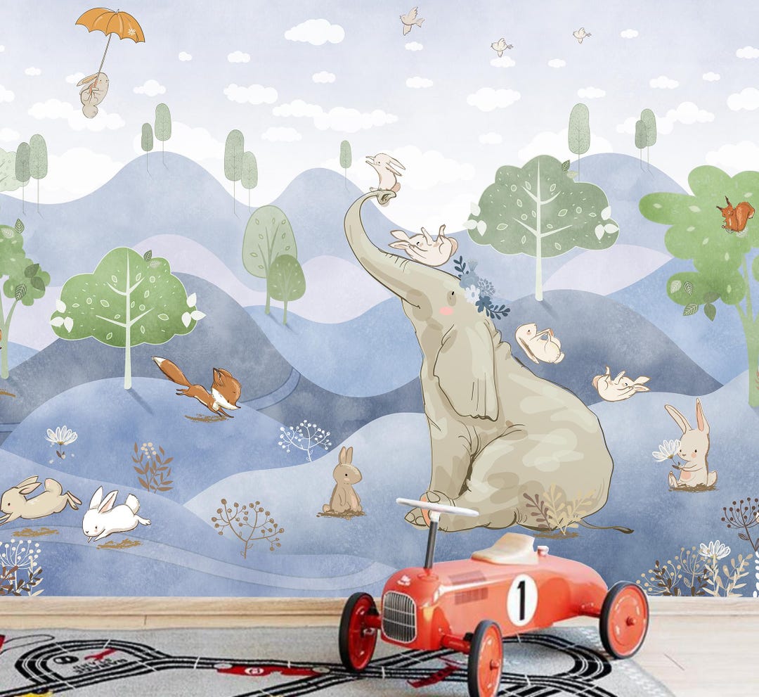 Cartoon Blue Elephant With Rabbits Field Nursery Wallpaper Wall Mural ...