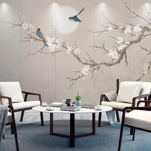 Chinoiserie Brushwork Hanging Plum Flowers with Birds Wall Murals Home Decor