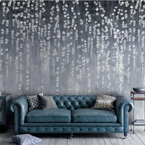 Handpainted White Flowers Wallpaper, Hanging White Flowers Wall Murals for Living or Dinning Room