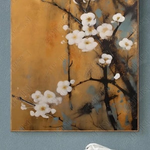 100% Handmade Oil Painting, White Plum Blossom Oil Painting, Handmade Plum Wall Art Picture Living Room Bedroom Decor (No Frame)