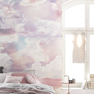 Hand Painted Abstract Clouds Wallpaper Wall Mural, Rendering Colorful Pink Clouds Wall Mural, Creative Cloudy Wall Mural Wall Decor