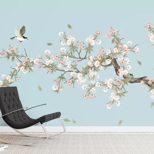 Chinoiserie Brushwork Flowers and Birds Wallpaper, Hanging Plum Tree with Flying Birds Home Decor Wall Murals Wall Decor