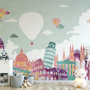 Colorful Hot-air Balloon Wallpaper Wall Mural, Cartoon Buildings and Clouds Wall Mural, Kids Nursery Baby&#39;s  Room Wall Mural