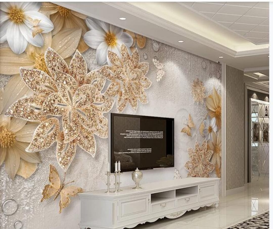 Custom Murals Wallpaper 3D Stereo Black Simple Jewelry Diamond Pearl Flower  European Style Living Room… | Custom murals, 3d wallpaper for hall, Flower  wall painting