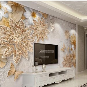 Custom Mural Wallpaper For Bedroom Walls 3D Luxury Gold Jewelry Flower Butterfly Background Wall Papers Home Decor Living Room