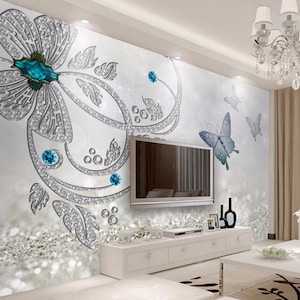 3D Jewelry Flower Blue Butterfly Wallpaper Wall Mural Wall Decor