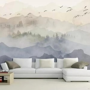 Watercolor Mountains with Trees Forest Nursery  Wallpaper, Flying Birds Abstrat Mountains Baby&#39;s Room or Nursery Wall Painting Wall Murals