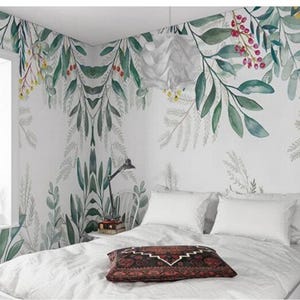 Simple Hanging Fresh Leaves Wallpaper, Watercolor Tropical Plants Leaf Wall Murals Wall Decor