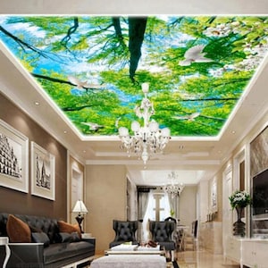 Tropical Trees with Flying Pigeons Ceiling Wallpaper Wall Mural Hotel Restaurant Living Room