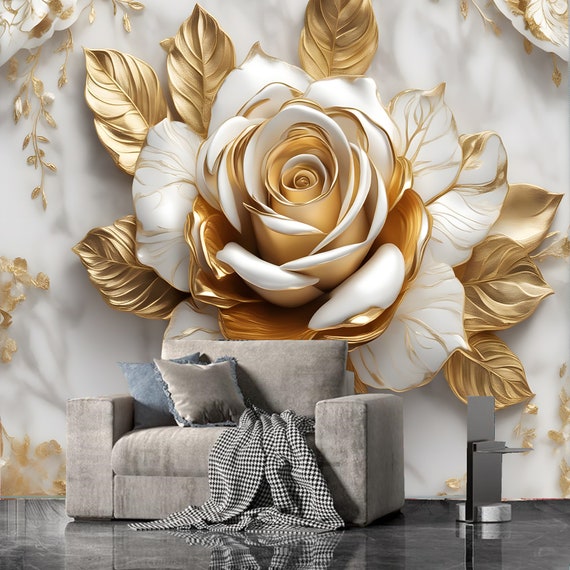 Gold & White Rose Wallpaper Mural: 3D Floral Wall Decor - Etsy