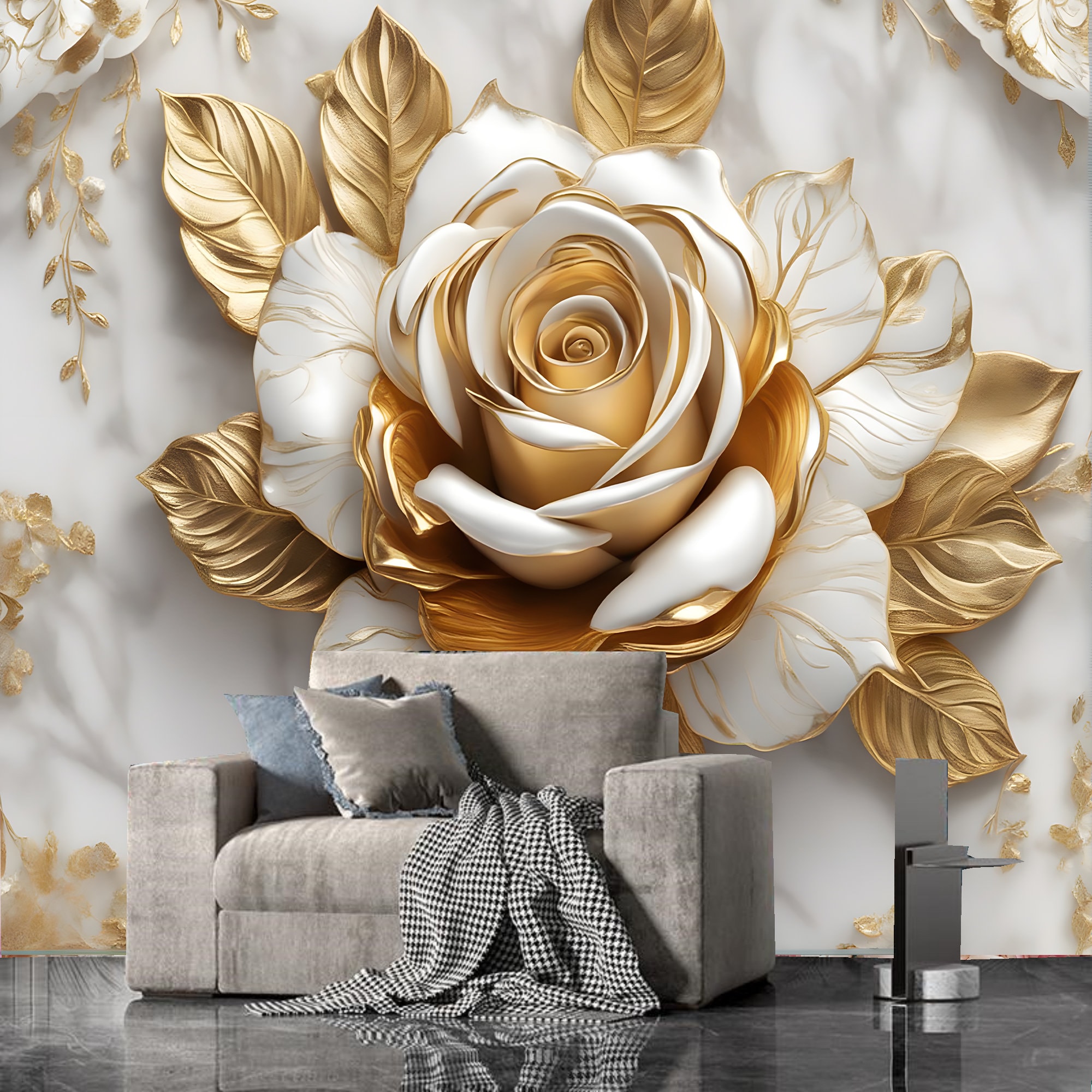 Gold & White Rose Wallpaper Mural: 3D Floral Wall Decor - Etsy