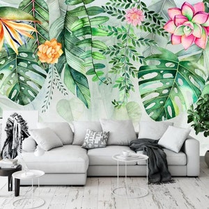 Aquarell handgemalte tropische Monstera deliciosa Liebm Tapete, Sukkulenten Pflanzen und Blumen Wandbilder Wanddekor