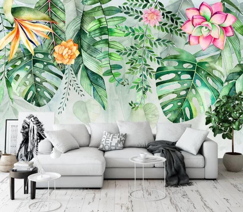 Watercolor Hand-painted Tropical Monstera deliciosa Liebm Wallpaper, Succulent Plants and Flowers Wall Murals Wall Decor