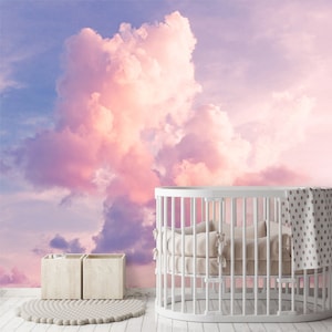 Abstract Pink Blue Clouds Blue Sky Wallpaper Wall Mural, Hand Painted Creative Beautiful Clouds Wall Mural Wall Decor