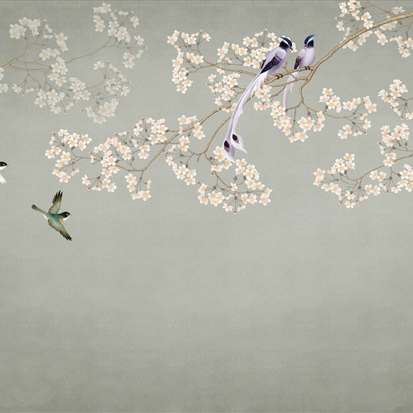 Chinoiserie Abstract Brushwork Hanging Cherry Flower Wallpaper, Flying Birds and Flower Home Decor Wall Murals