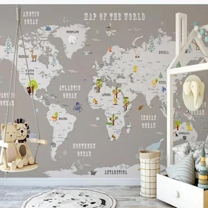 Cartoon World Map Wallpaper, Animal Cartoon Map Wall Mural, Wall Art,Wall Decal, Kids and Nursery Bedroom Wall Paper