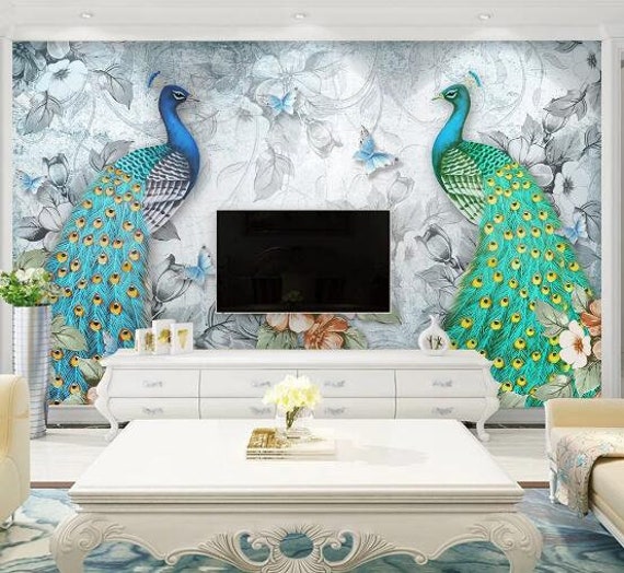 Peacocks and White Flowers Asian Style Wallpaper Japanese Art Blossom and  Peacock Wall Mural Home Decor Wall Art 