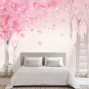 Watercolor Cherry Blossom Forest Wallpaper Mural - Kids Nursery Decor