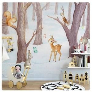 Cartoon Forest Animal Nursery Wallpaper Mural: Peel & Stick