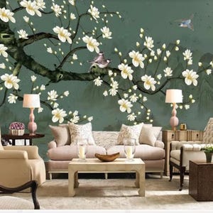 Dark Green Background Hanging Magnolias Tree Wallpaper, Flying Birds and Mountains Wall Murals Wall Deor