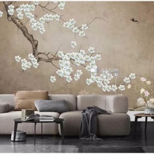 Chinoiserie Brushwork Hand Painted Hanging Cherry Tree Wallpaper, Vivid Birds and Flowers Floral Wallpaper Home Decor Wall Murals