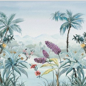 Tropical  Rainforest Palm Tree Tropical Plants  Wallpaper Mural, Handpainted Bird and Flowers with Water and Mountains Wall Mural Wall Decor
