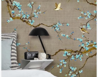 Chinoiserie Brushwork Hand Painted Plum Blossom and Birds Wallpaper, Vivid Birds and Blue Flowers Floral Wallpaper Home Decor Wall Murals