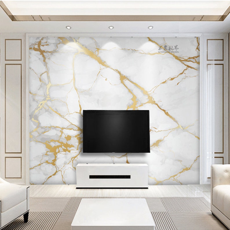 Simple Marble Wallpaper Gold and White Marble Wall Murals Etsy