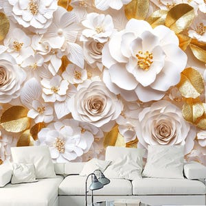 3D Gild and White Flowers Floral Wallpaper Wall Mural for Living or Dinning Room