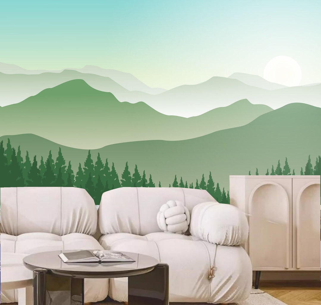 Foggy Mountain Pine Tree Forest Wallpaper Mural - Peel and Stick - Etsy
