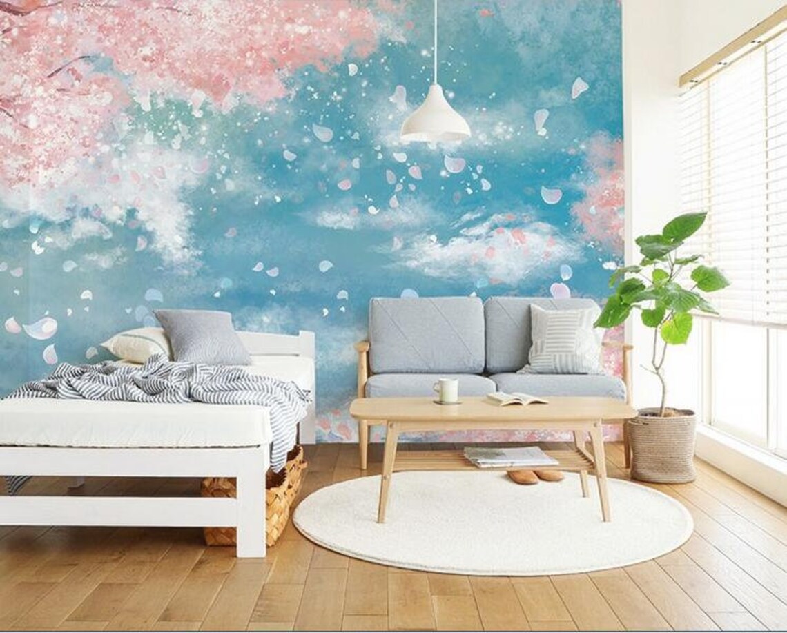 Cartoon Pink and Blue Nursery Wallpaper Sky Blue Baby's Etsy