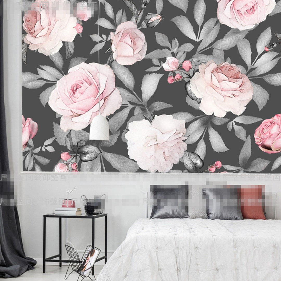 Pink Rose Floral Wallpaper Mural: American Style Peel & Stick - Etsy