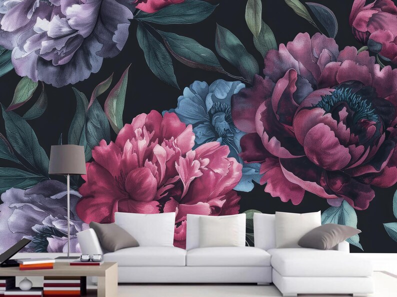 Dark Background Red and Purple Peony Flowers Floral Wallpaper Wall