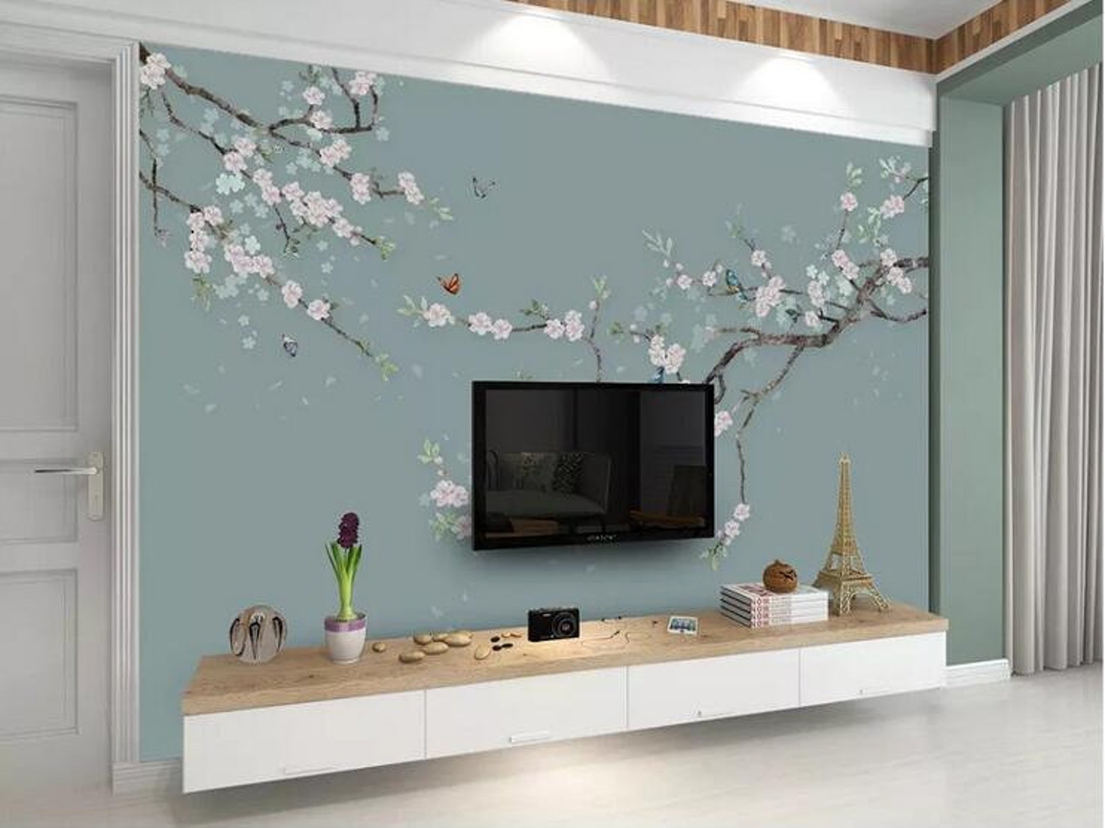 Chinoiserie Hanging Plum Blossom Tree Wallpaper, Flying Vivid Birds ...