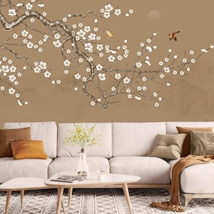 Chinoiserie Brushwork Hanging Plum Flowers with Birds Wall Murals Home Decor
