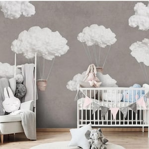 Cartoon Clouds Nursery Wallpaper: Grey Sky Kids Room Wall Mural