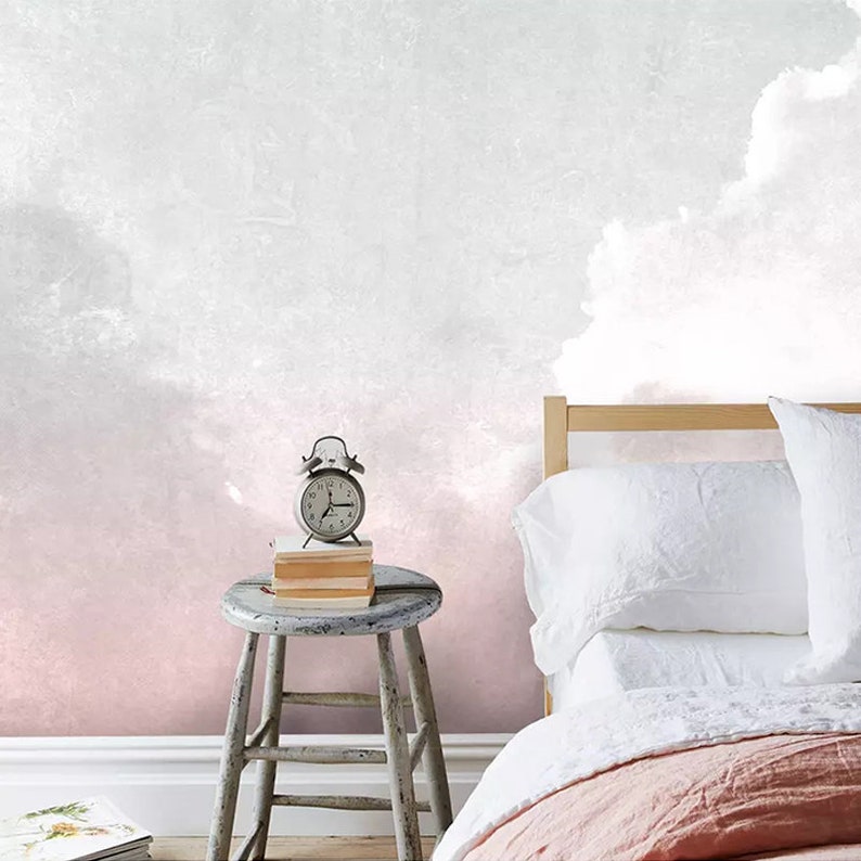 Abstract Pink and White Clouds Wallpaper Wall Mural Hand Etsy