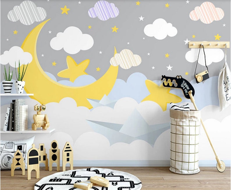 Cartoon Clouds and Moon Nursery Wallpaper Creative Clouds - Etsy