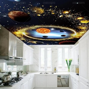 Papel de parede de teto com estrelas douradas, planetas, universo, céu noturno, mural de parede, hotel, restaurante, sala de estar