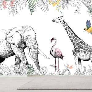 Cartoon Sketch Animals Elephant Deer Trees Forest Plants and Flowers Nursery Kids&#39; Babies&#39; Children&#39;s Room Wallpaper Wall Mural Home Decor