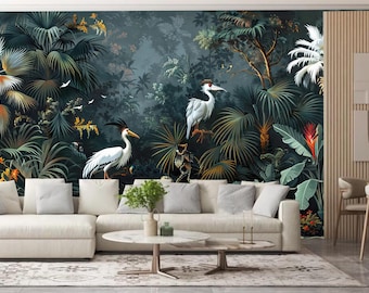 May include: A white sofa with a dark green tropical mural featuring white birds and lush foliage. The mural is a large-scale print with a realistic style.