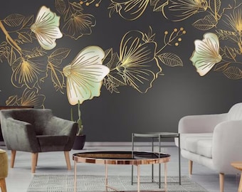 Golden Embossed Flower Leaf Luxury Living Room TV Background Wall Mural Modern Wallpaper