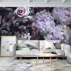 Dark Background Pink Peony Flowers Floral Wallpaper Wall Mural Wall Decor for Living or Dinning Room Bedroom
