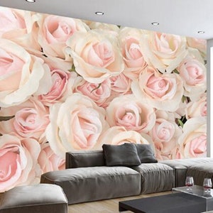 Modern Romantic Pink Rose Floral Living Room Bedroom Wall Mural ...