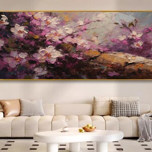 100% Handmade Oil Painting, Pink Peach Blossom Flowers Oil Painting, Handmade Blooming Flowers Wall Art Living Room Bedroom Decor (No Frame)