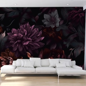 Dark Background WIne Red Peony Flowers Floral Wallpaper Wall Mural Home Decor for Living Room Bedroom or Dinning Room