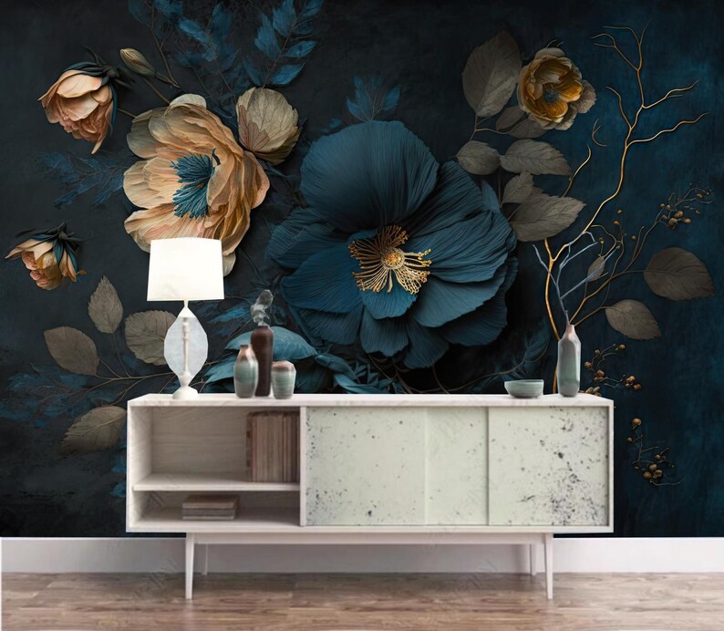 Dark Background Blue Peony Flowers Floral Wallpaper Wall Mural Home ...