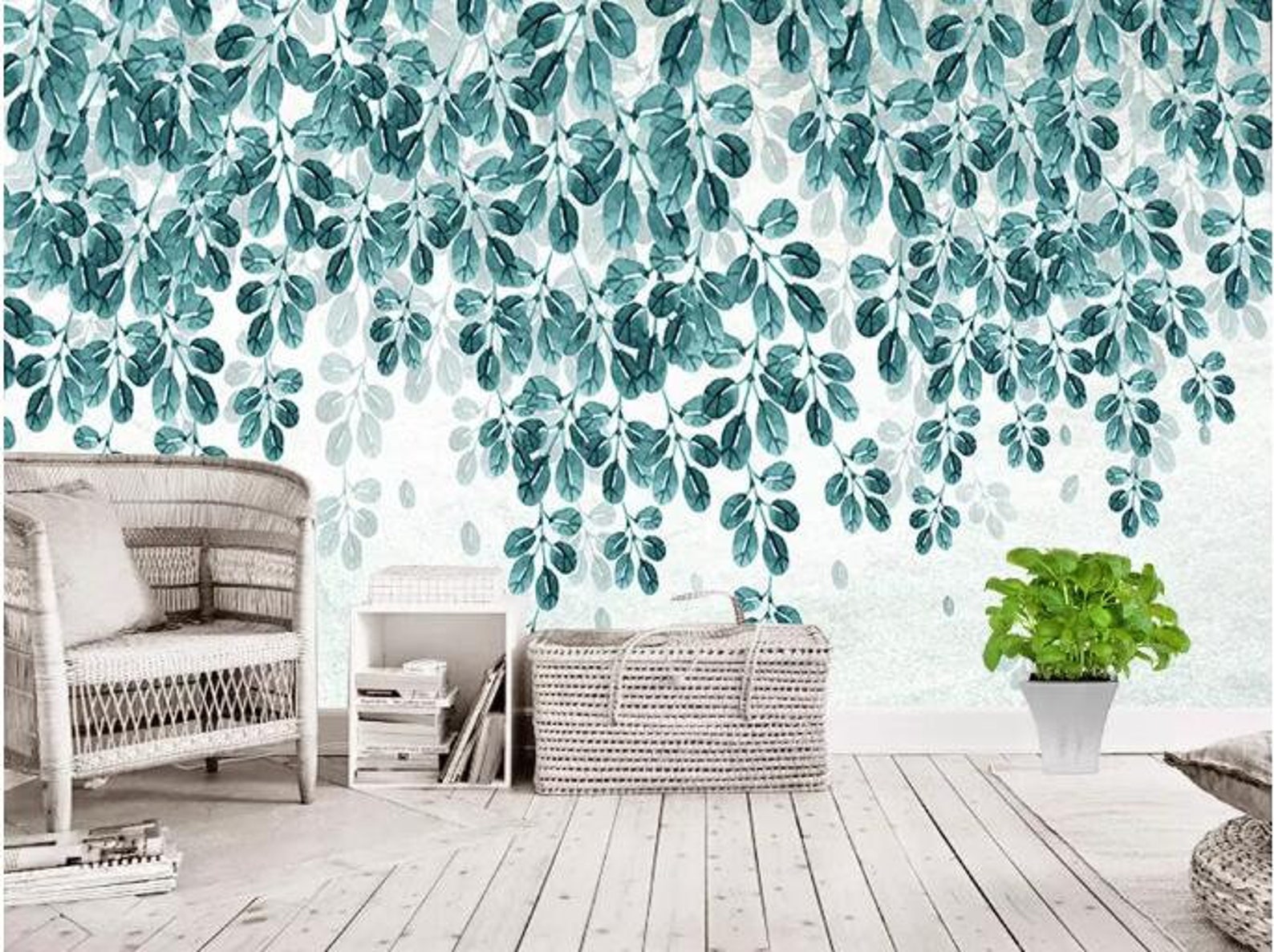 Fresh Watercolor Hanging Leaves Wallpaper Hanging Dark Green Etsy