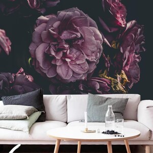 Dark Background Purple Peony Flowers Floral Wallpaper Wall Mural Home Decor for Living Bedroom or Dinning Room