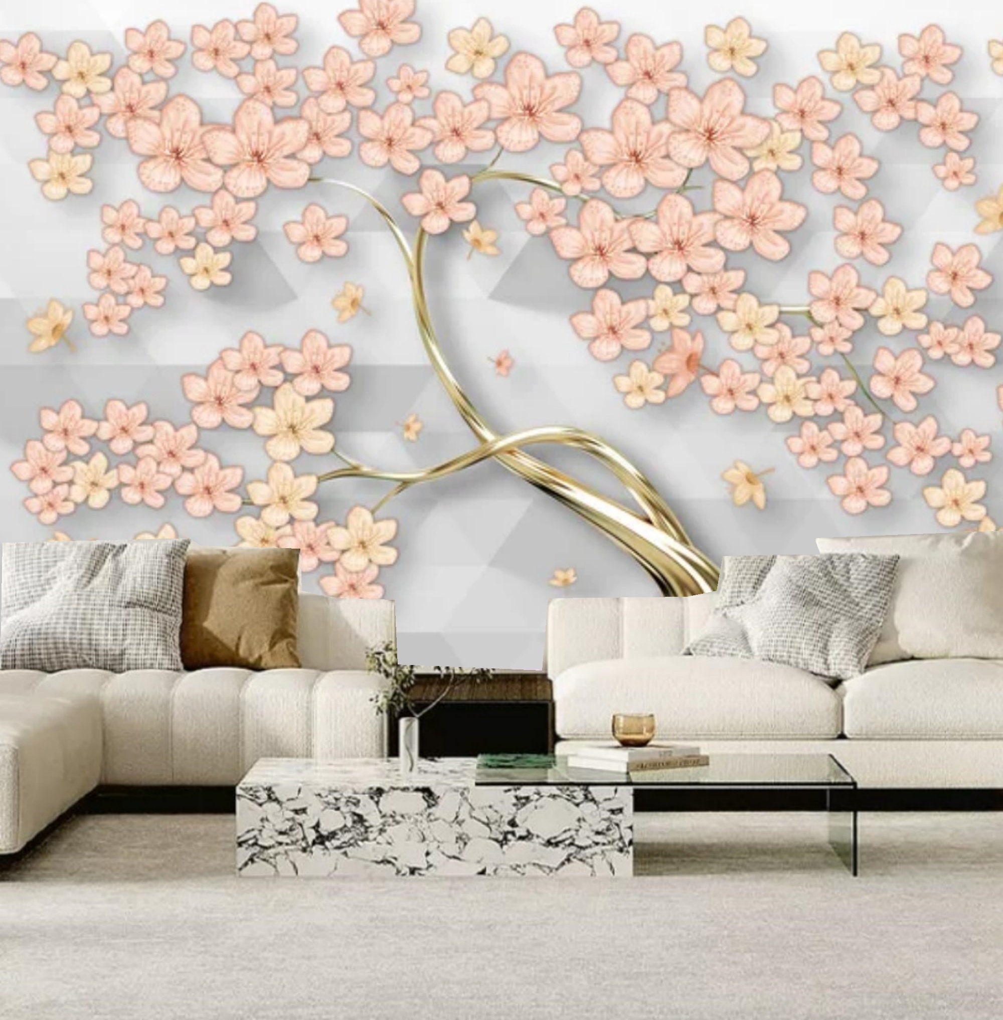 3D White Flower Tree Wallpaper Mural - Peel and Stick Wall Decor
